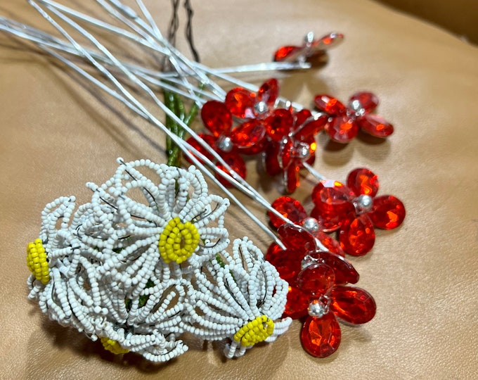 Beaded Flowers, Daisy Floral Display, Red Crystal Artificial Flowers