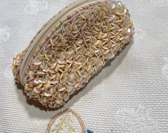 Sequins Vintage Change Purse, Iridescent Sparkle Formal Coin Pouch, Handmade