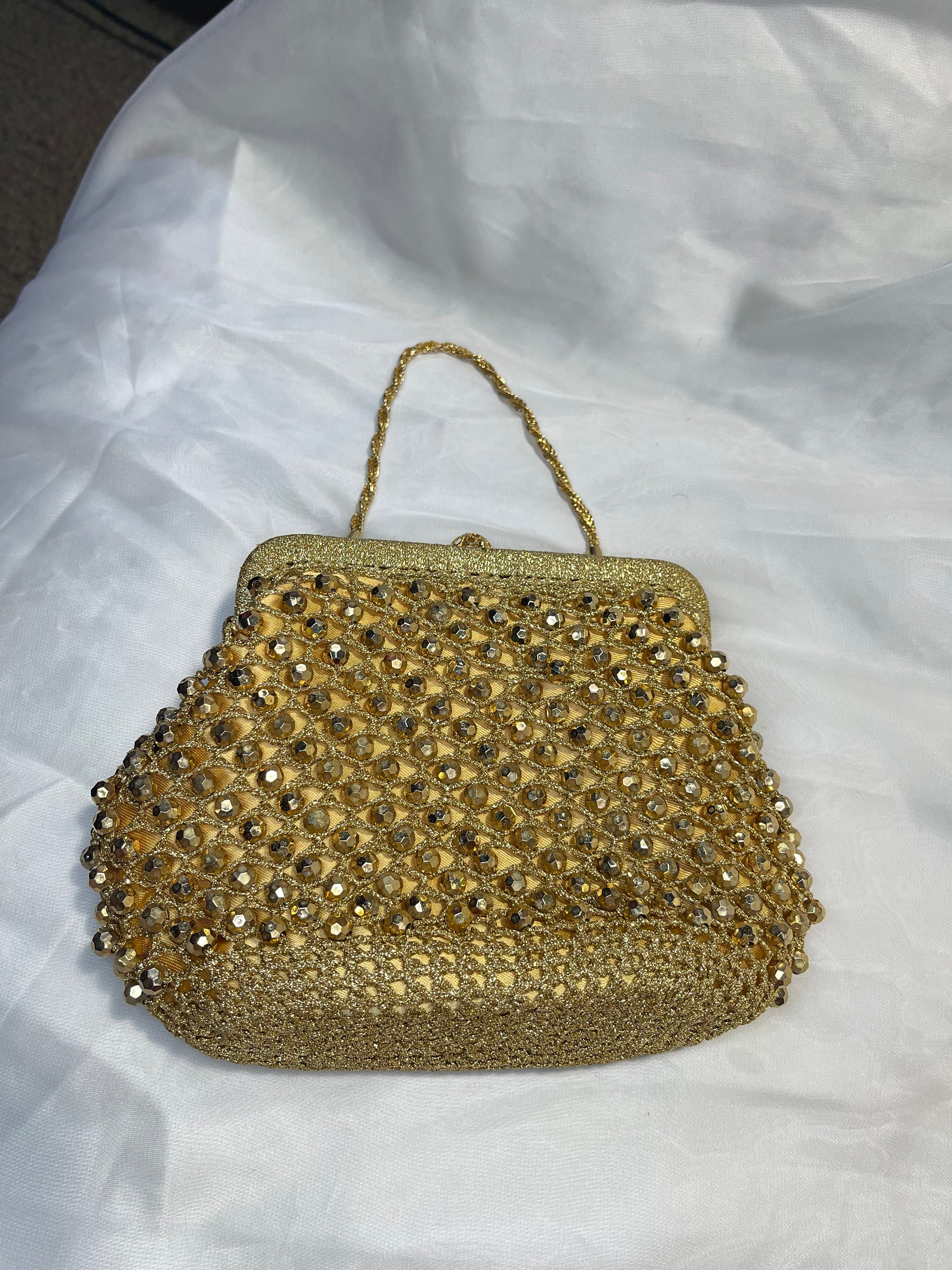 Gold beaded Vintage Handbag, Fancy Formal Sparkle Gold Purse, Gold ...