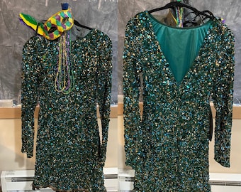 Green Gold Party Dress, Green Sparkle Sequins Beaded Dress, Formal Fashion