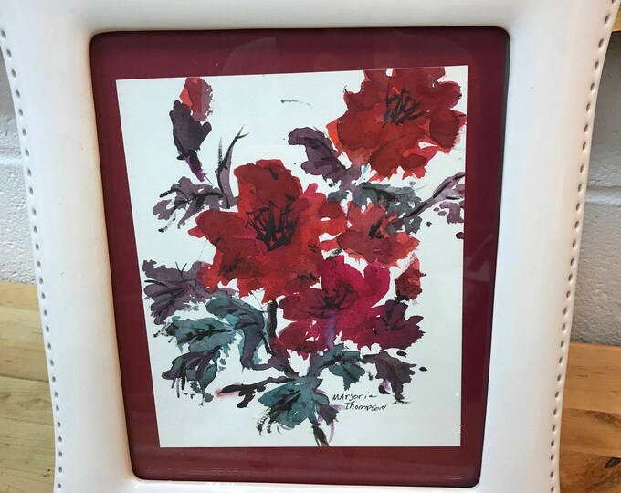 Watercolor picture, Hand painted Red flowers with white frame, Vintage Art Painting