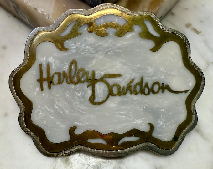 Harley Davidson Belt Buckle, Motorcycle Unisex Pearl White and Gold Accessory