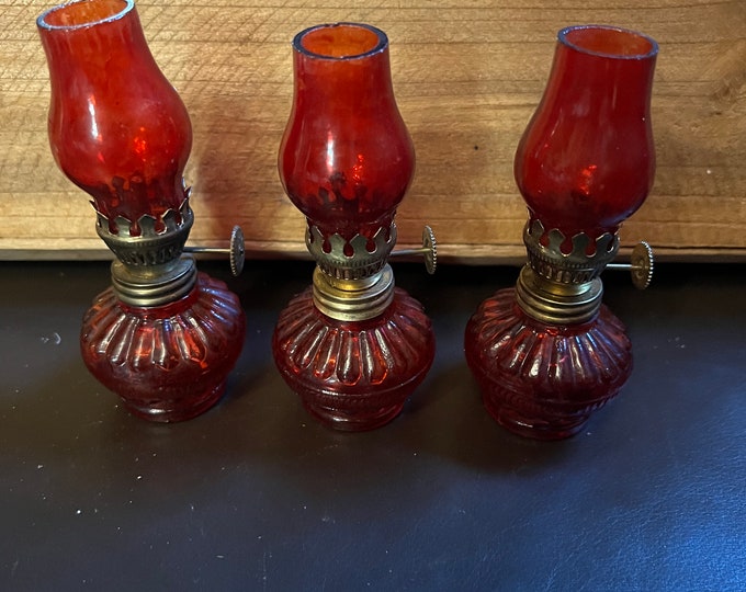 Miniature Oil Lamps, Vintage Red Glass Christmas Holiday Light Decorations