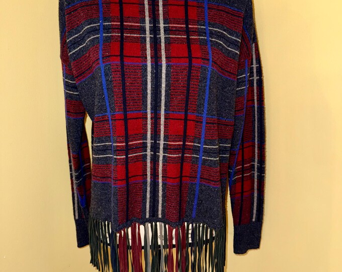 Autumn Cashmere Leather Fringe Sweater, Plaid Pullover Red White and Blue Patriotic