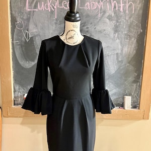 Black Dress Formal Sheath Gold Zippers Ballon Sleeves Size 4 Betsy Adam