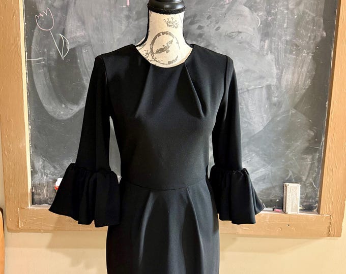 Black Dress Formal Sheath Gold Zippers Ballon Sleeves Size 4 Betsy Adam