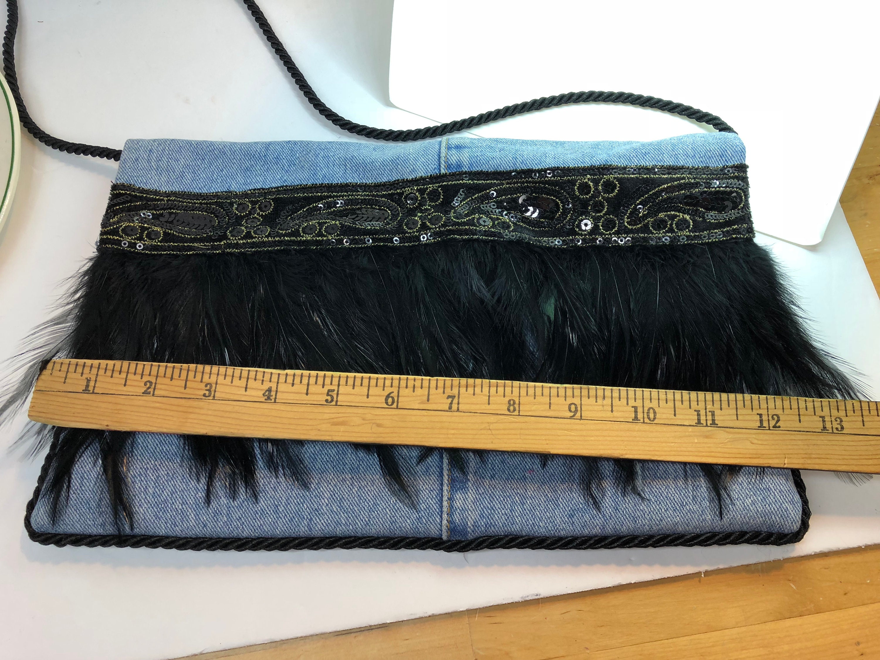 Blue Denim Jean Handbag, goth black feather bag, handmade purse