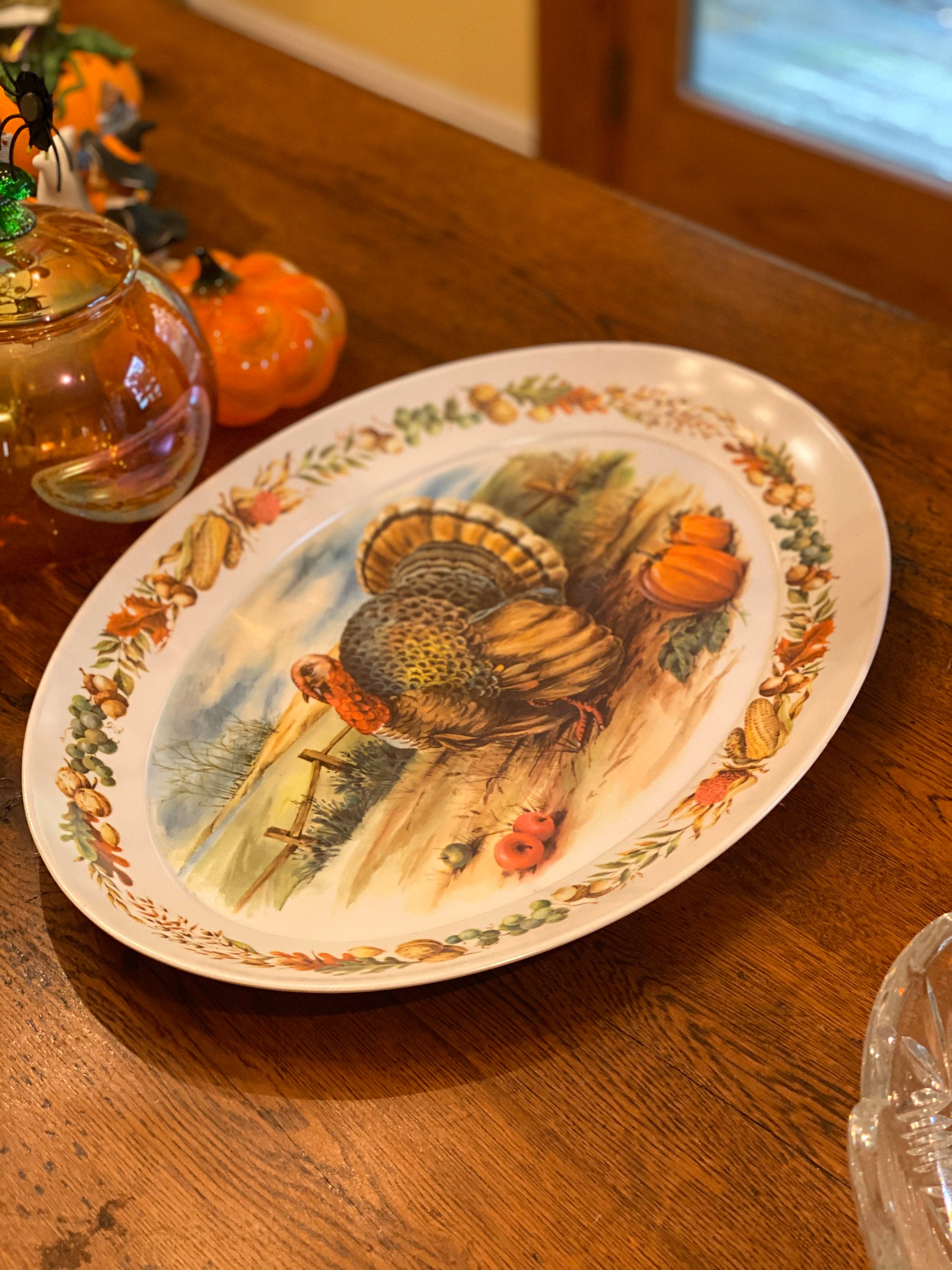 Thanksgiving Turkey Serving Platter, Large Decorative Vintage