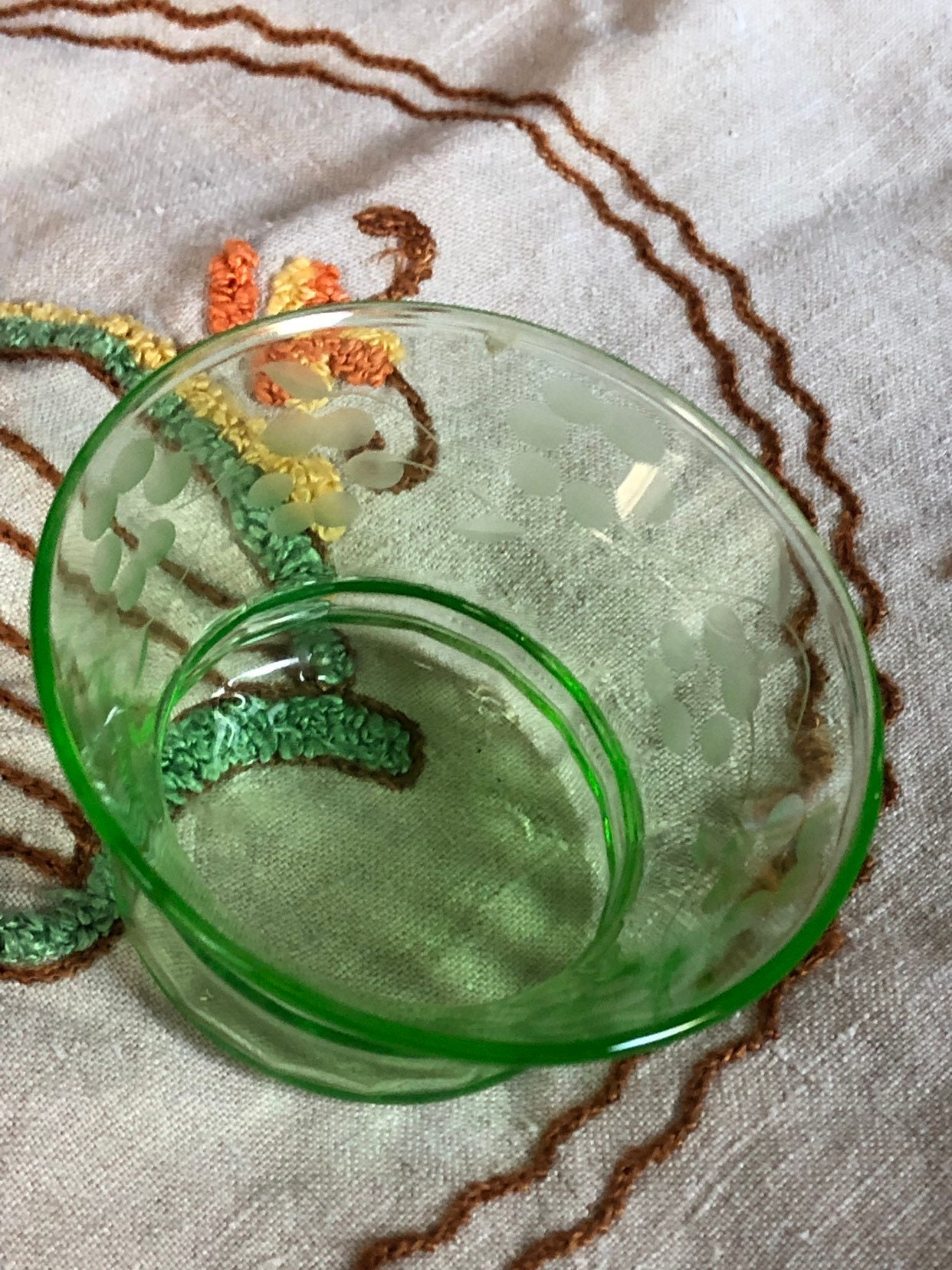 Green Vintage Glass Bowl, Etched Chartreuse Flower clear green