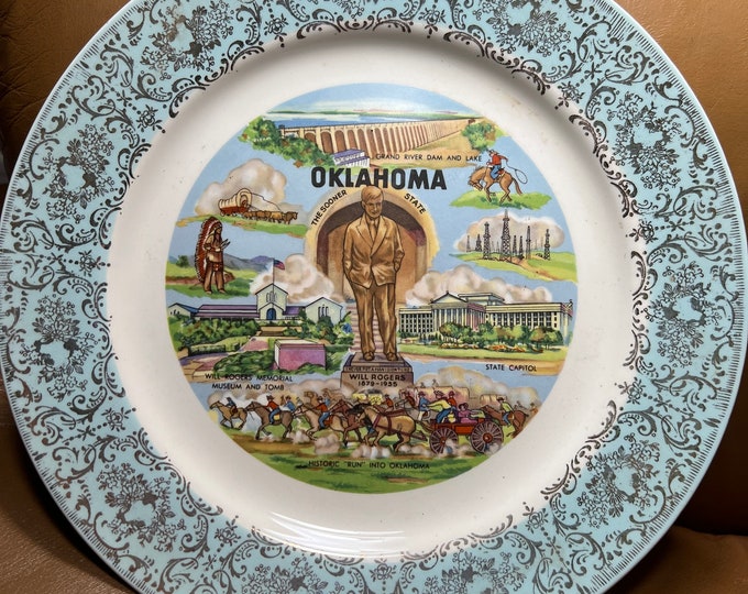 Oklahoma Souvenir Plate, Vintage Collectible State Dish, Landmarks