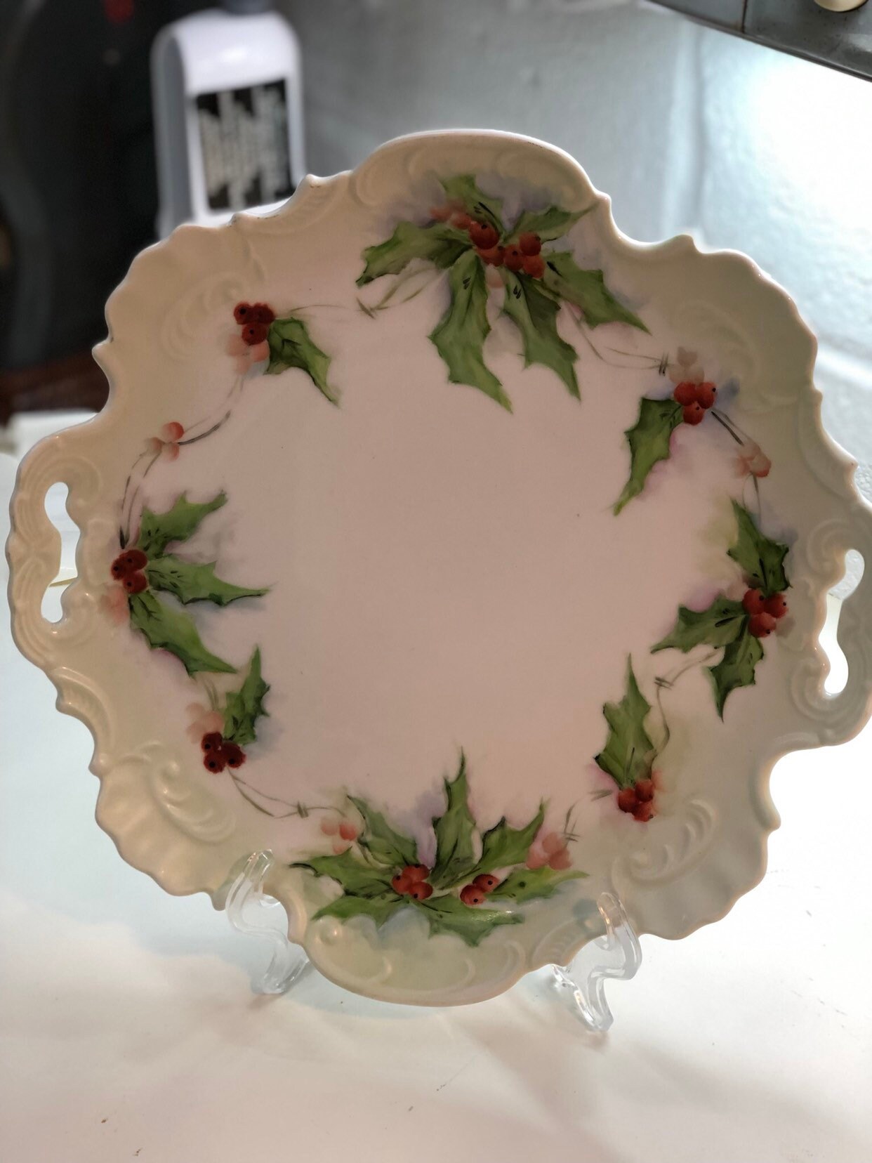 Christmas Serving Plate Holly And Berries hand painted vintage platter