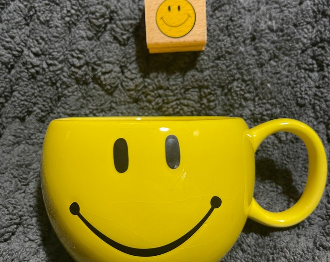 Smiley Face Mug and Rubber Stamp, Craft Project Supplies, yellow decor