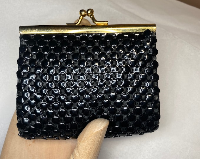 Vintage change purse, black metal coin purse, retro chain link bag