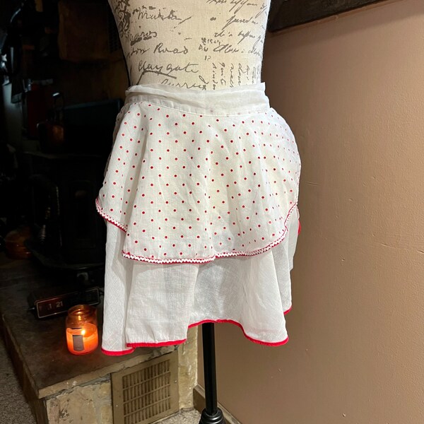 Red Polka Dot Apron, Mid Century Waist Kitchen Apron