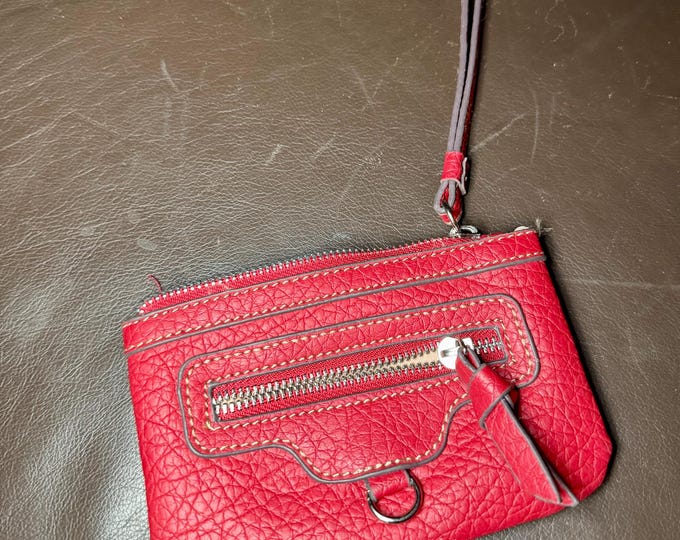 Red Change Purse Wristlet Zip Closure Coins Money Cards Vegan Faux Leather