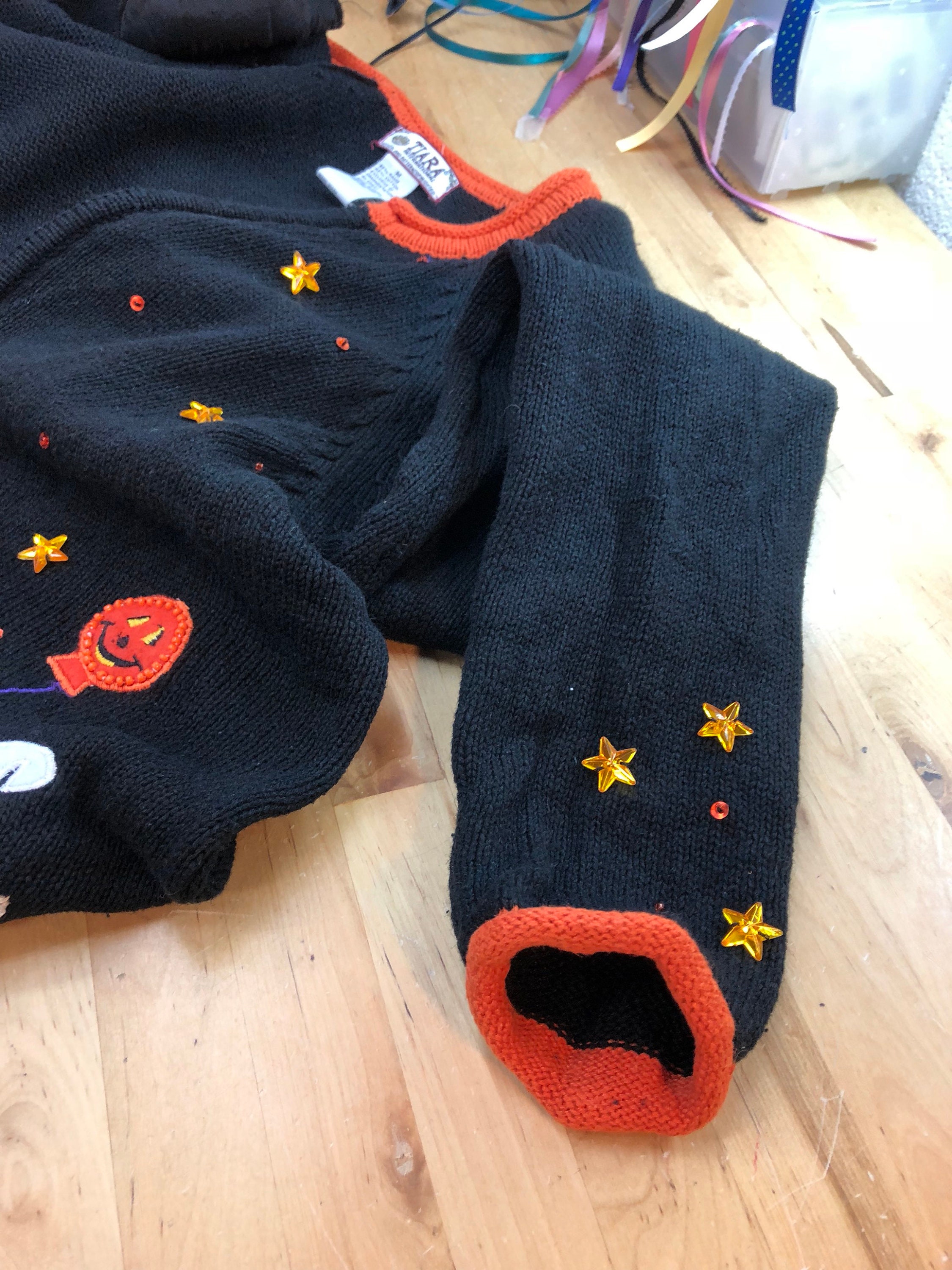 Halloween Cardigan Sweater - Pumpkins black and orange embellishments - Halloween Holiday Sweater