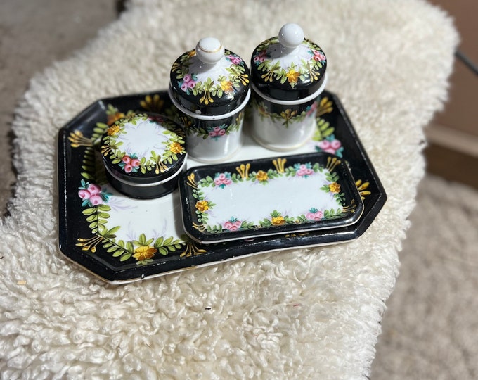 Vanity Set, Vintage Victorian Bathroom Storage Display Containers And Trays