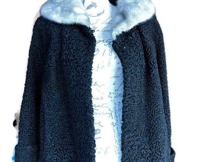 Black Persian Lamb Fur Coat with Silver Mink Fur Collar, Vintage Women’s Winter Formal Jacket