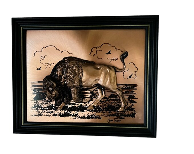 John Louw Copper Buffalo Picture, Rustic Plains Wall Decor, Western Plains Bison