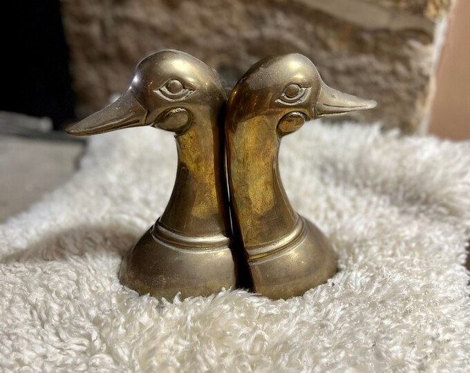 Brass Bookends, Vintage Duck Head Book Ends, Office Home Decor