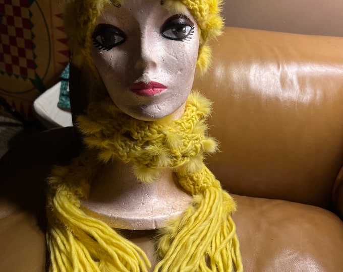 Yellow Winter Scarf, Fur Neck Wrap, Fringe Boho