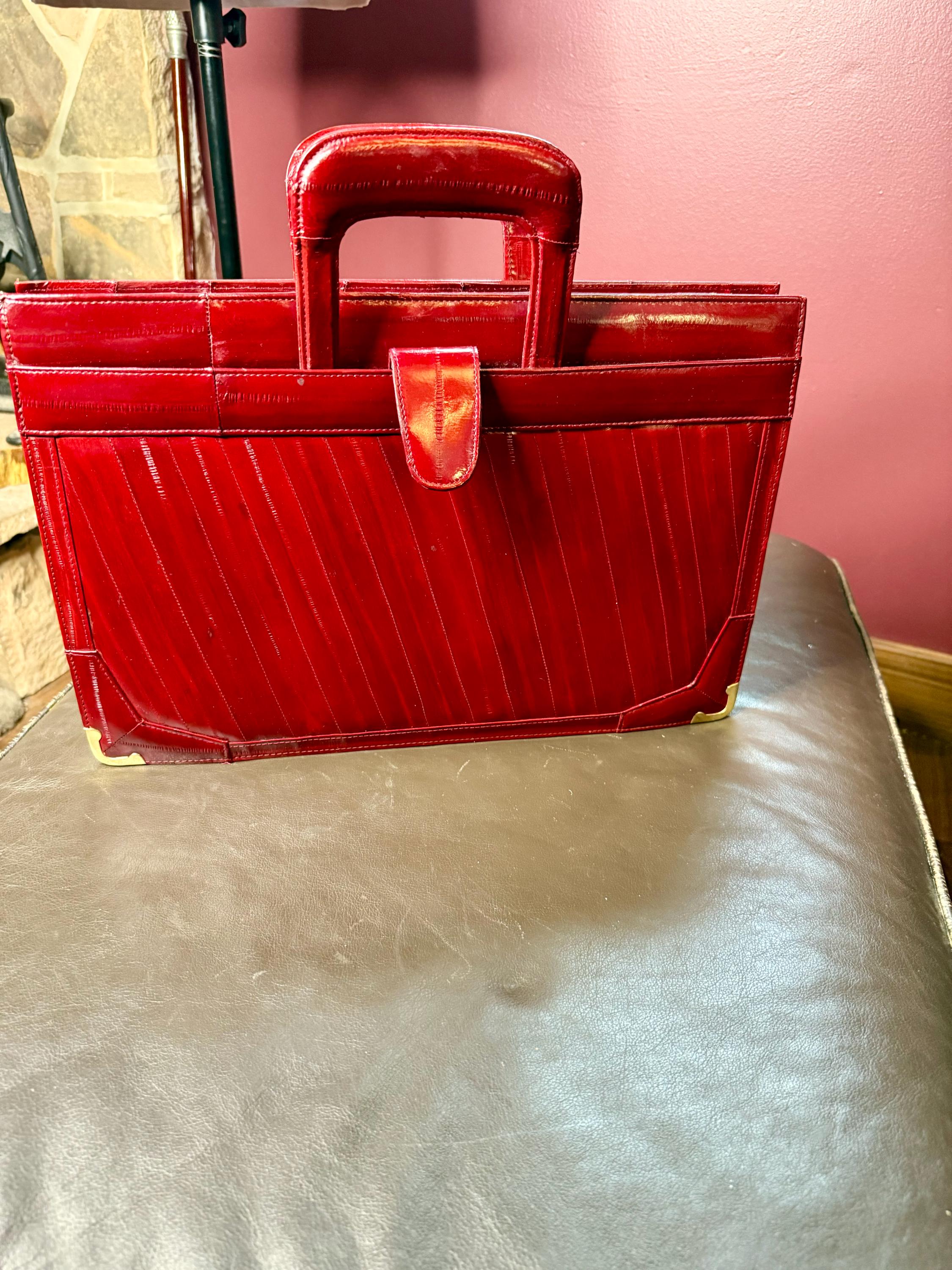 Red Eel Skin Leather Briefcase Attache Case Office Portfolio Unisex