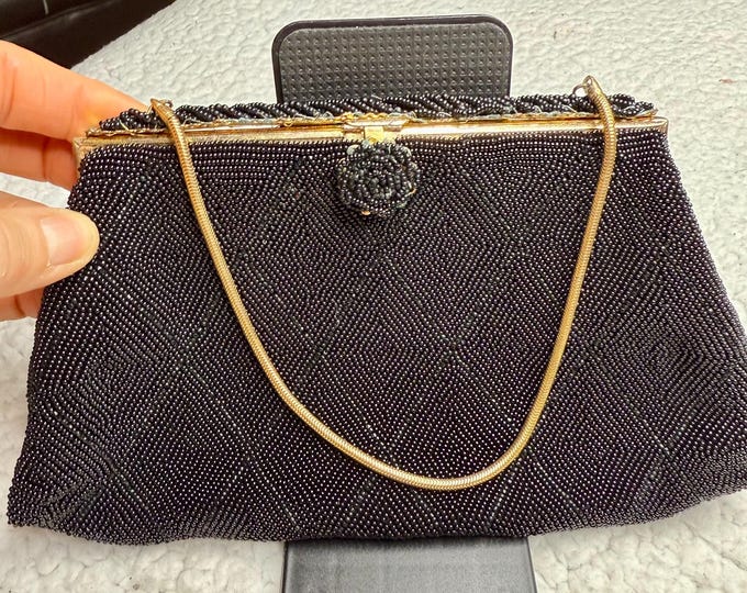 Black Formal Beaded France Handbag, Gold Chain Strap Evening Purse, Vintage Cocktail Bag