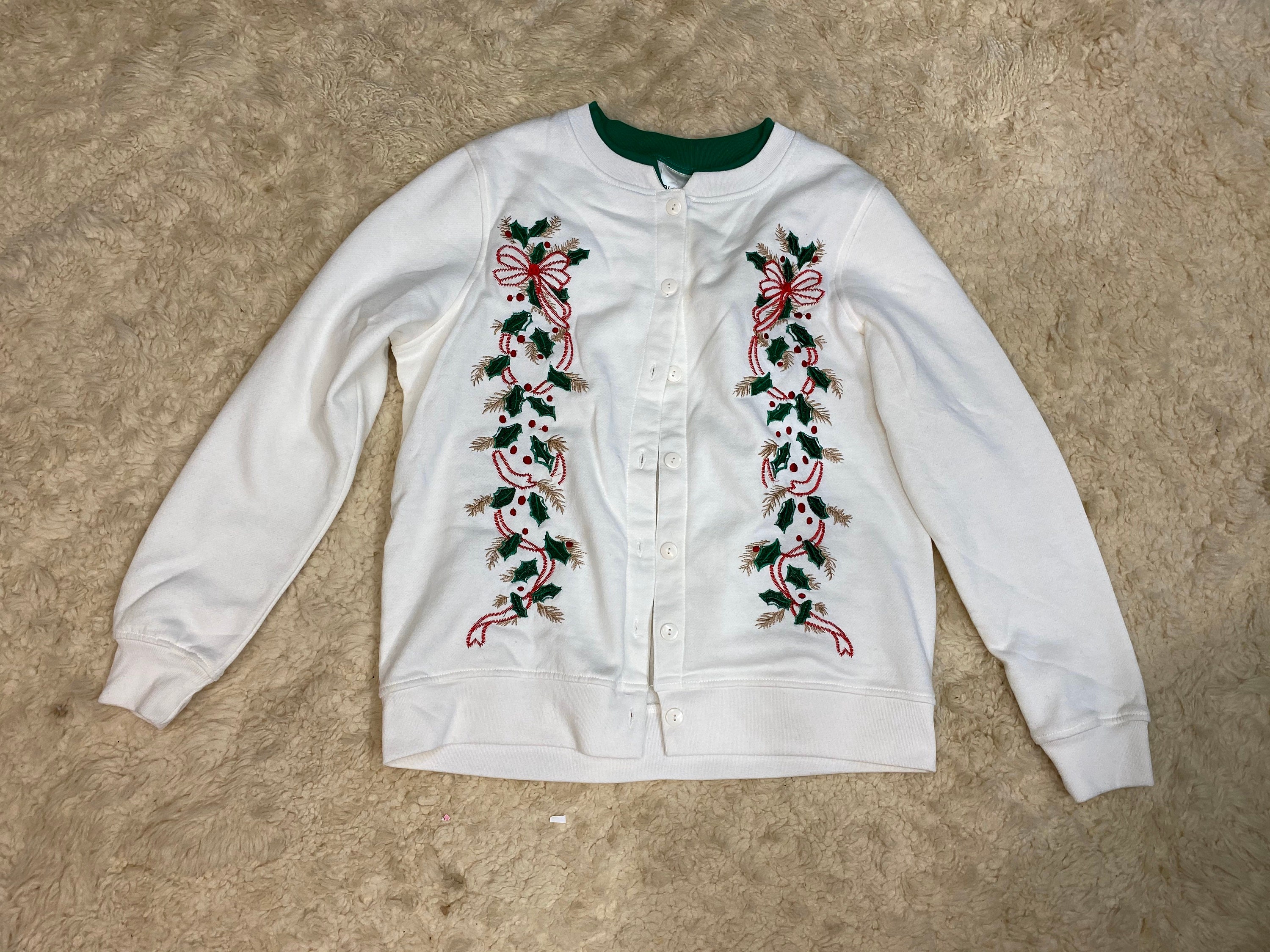 White Christmas Sweatshirt Cardigan Button Front Holiday Jacket Holly and Ivy Embroidery