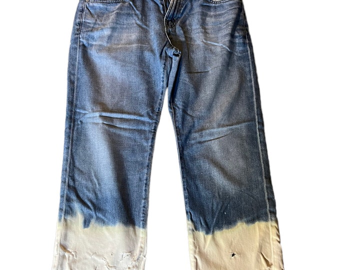 Distressed Jeans, Reverse Tie Dye Blue Denim Grunge Pants, Gender Neutral Bohemian