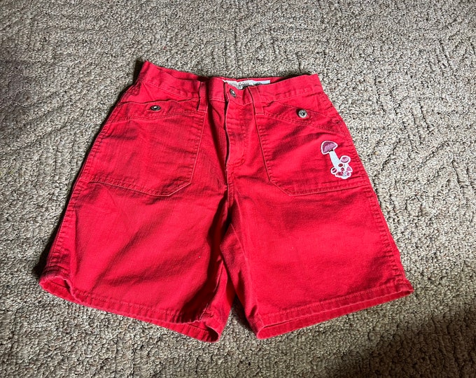 Red Denim Shorts, Mushroom Patches Shorts, Vintage Shorts
