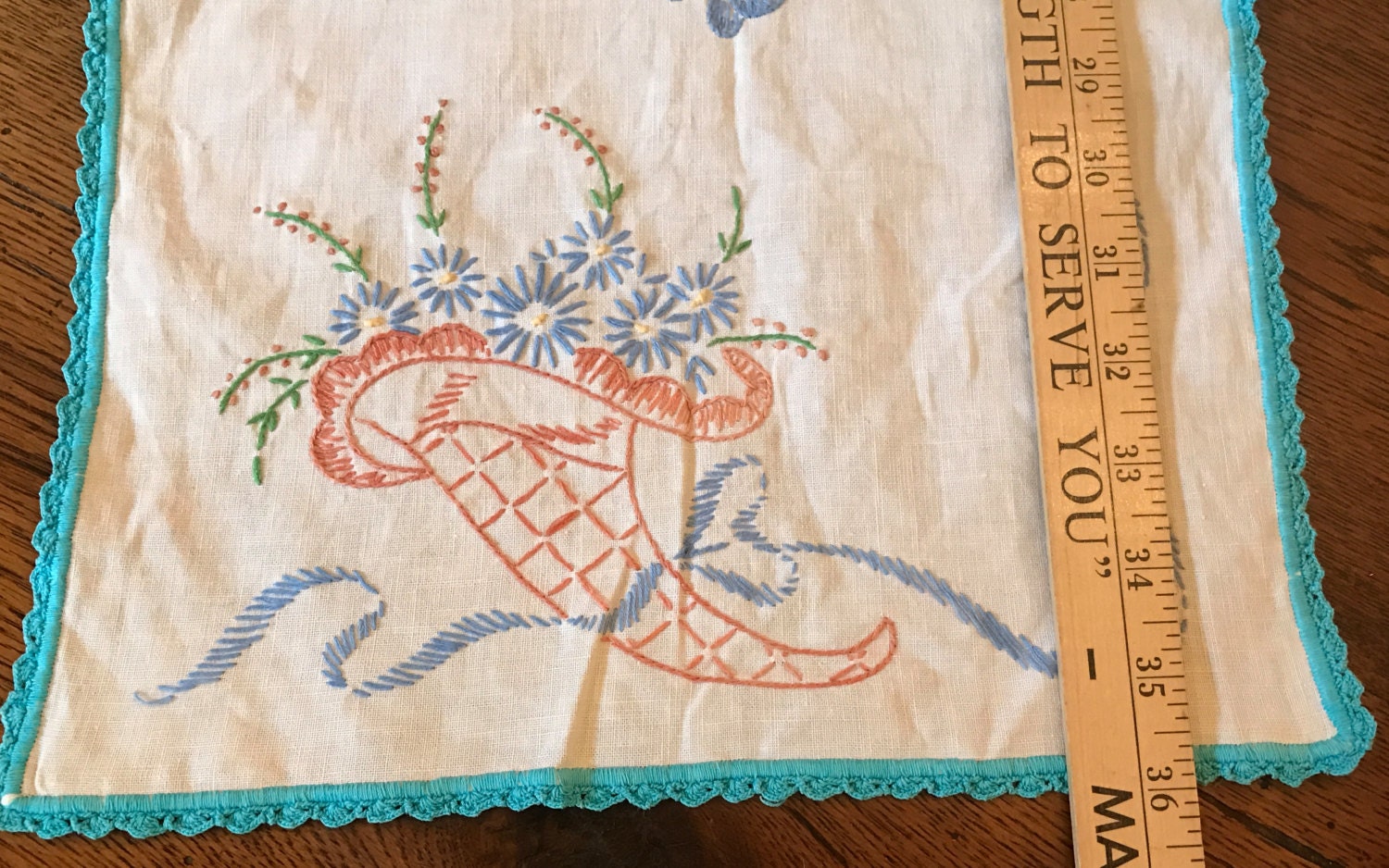 Table Runner Vintage Embroidered Baskets and Butterflies