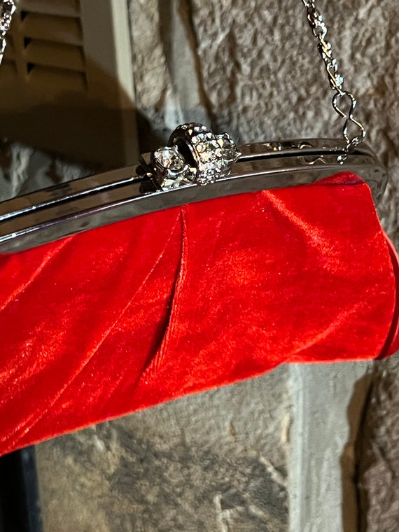 Red Velvet Handbag, Evening Cocktail Purse, Rhine… - image 8