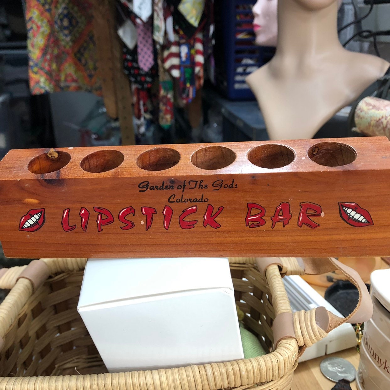 Wooden Lipstick Holder Vintage Souvenir Vanity Makeup Container