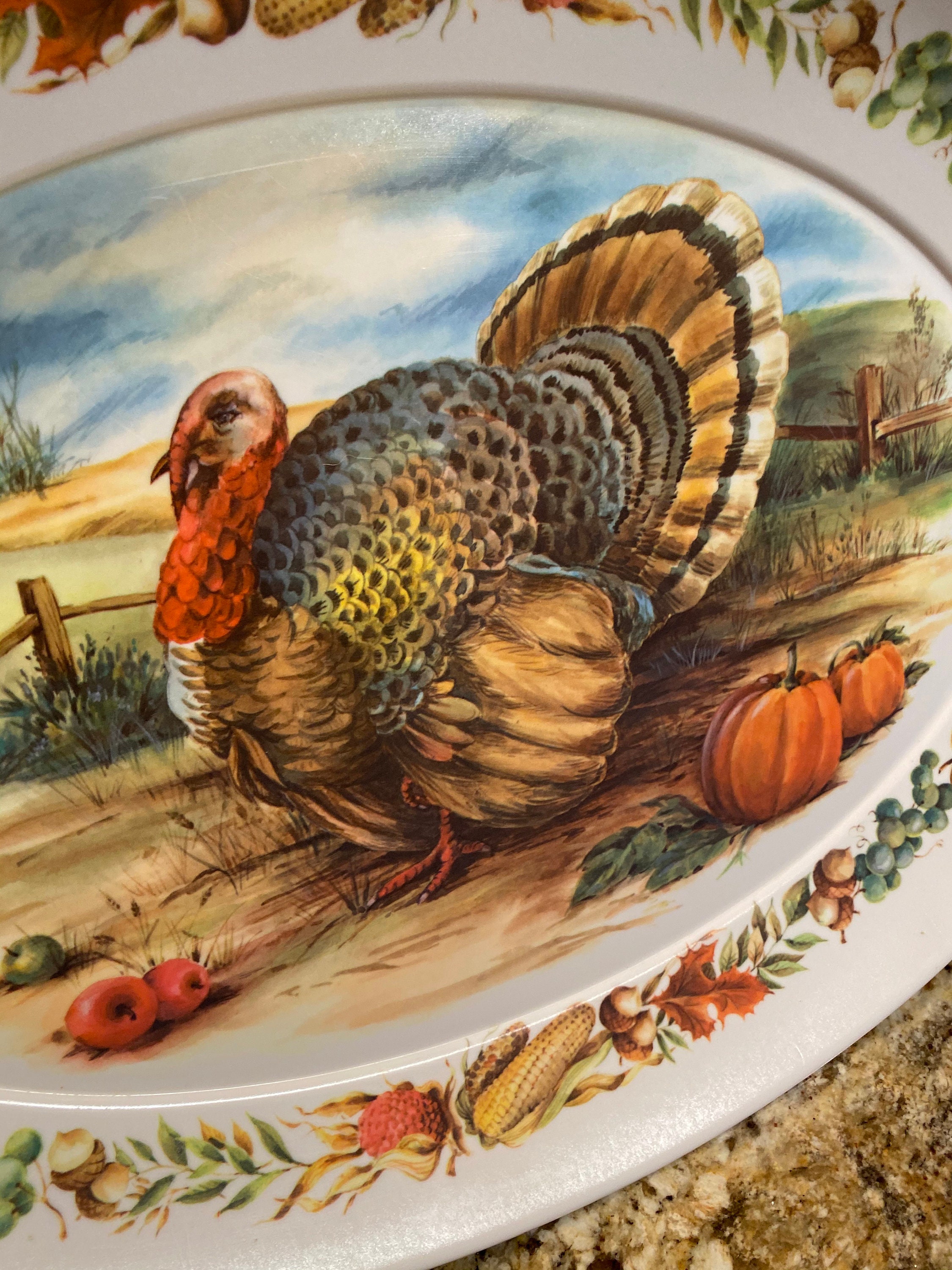 Thanksgiving Turkey Serving Platter, Large Decorative Vintage
