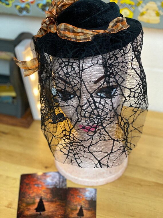 Halloween Hat, Black Fascinator Spider Web Veil