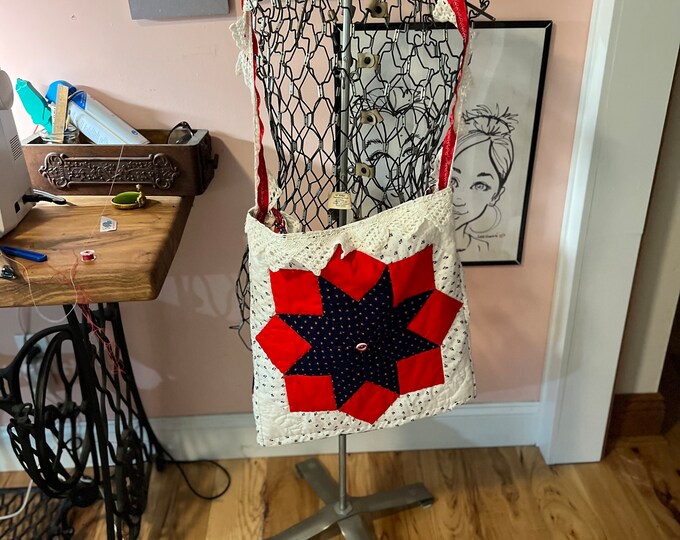 Handbag Boho Crossbody, Handmade Quilted Bag, Stars and Stripes in Red, White, and Blue Patriotic Fashion