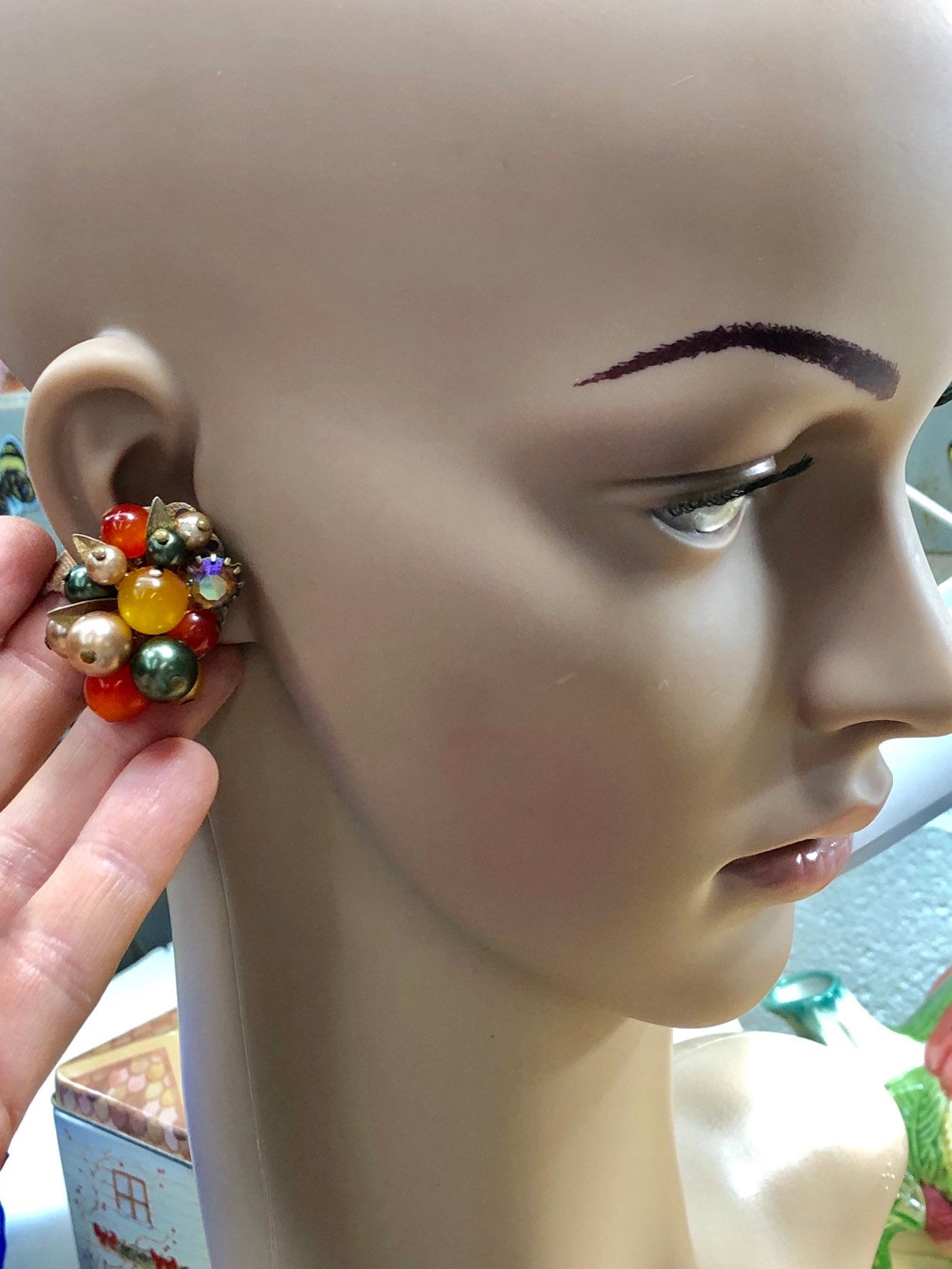 Mid Century Earrings, Clip On Costume Jewelry Earrings, Rhinestone Earrings