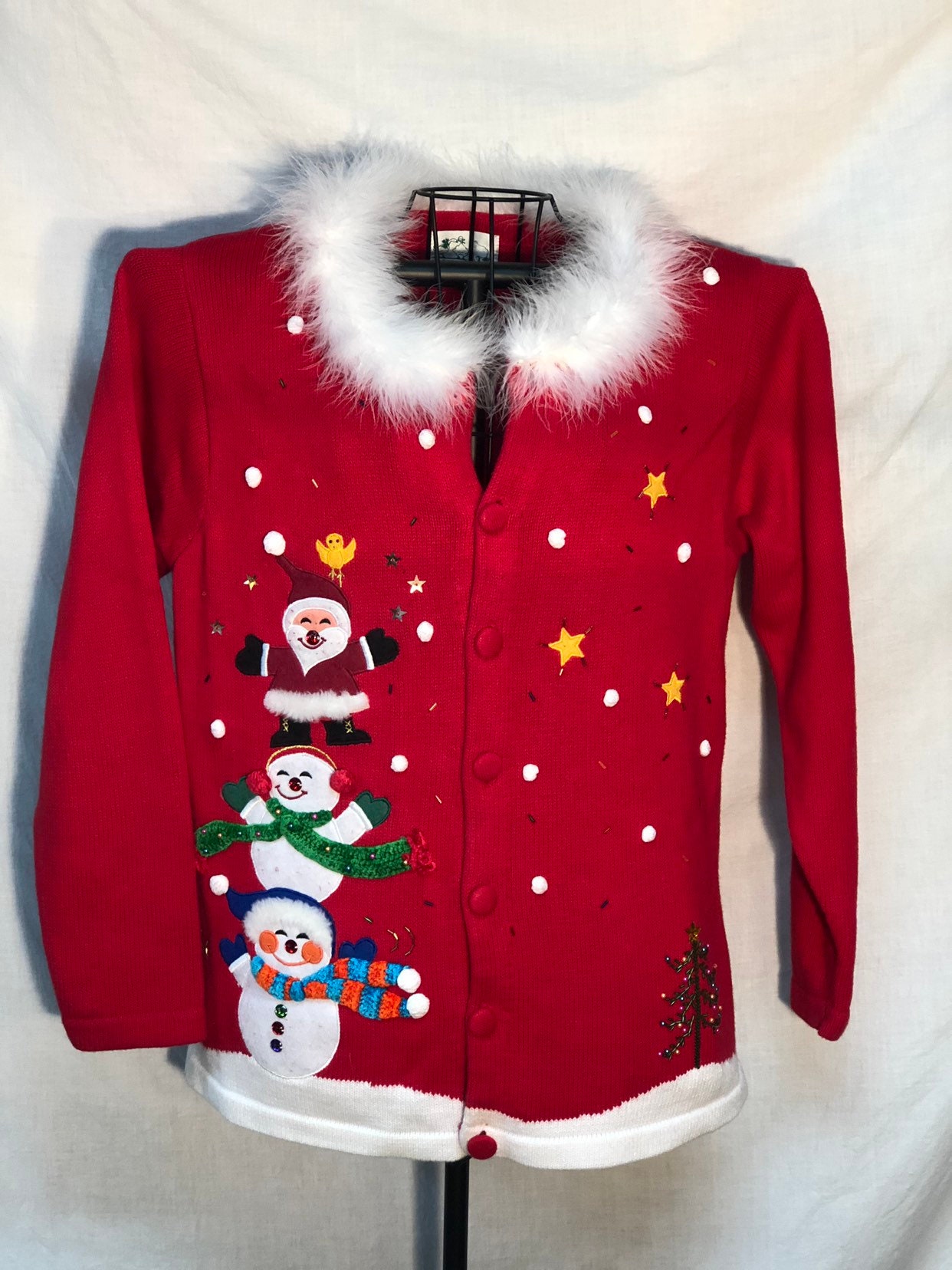 Red Christmas Sweater with White Feather Boa Collar