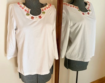 Summer Women’s Beaded Shirt, Beachwear White embellished top
