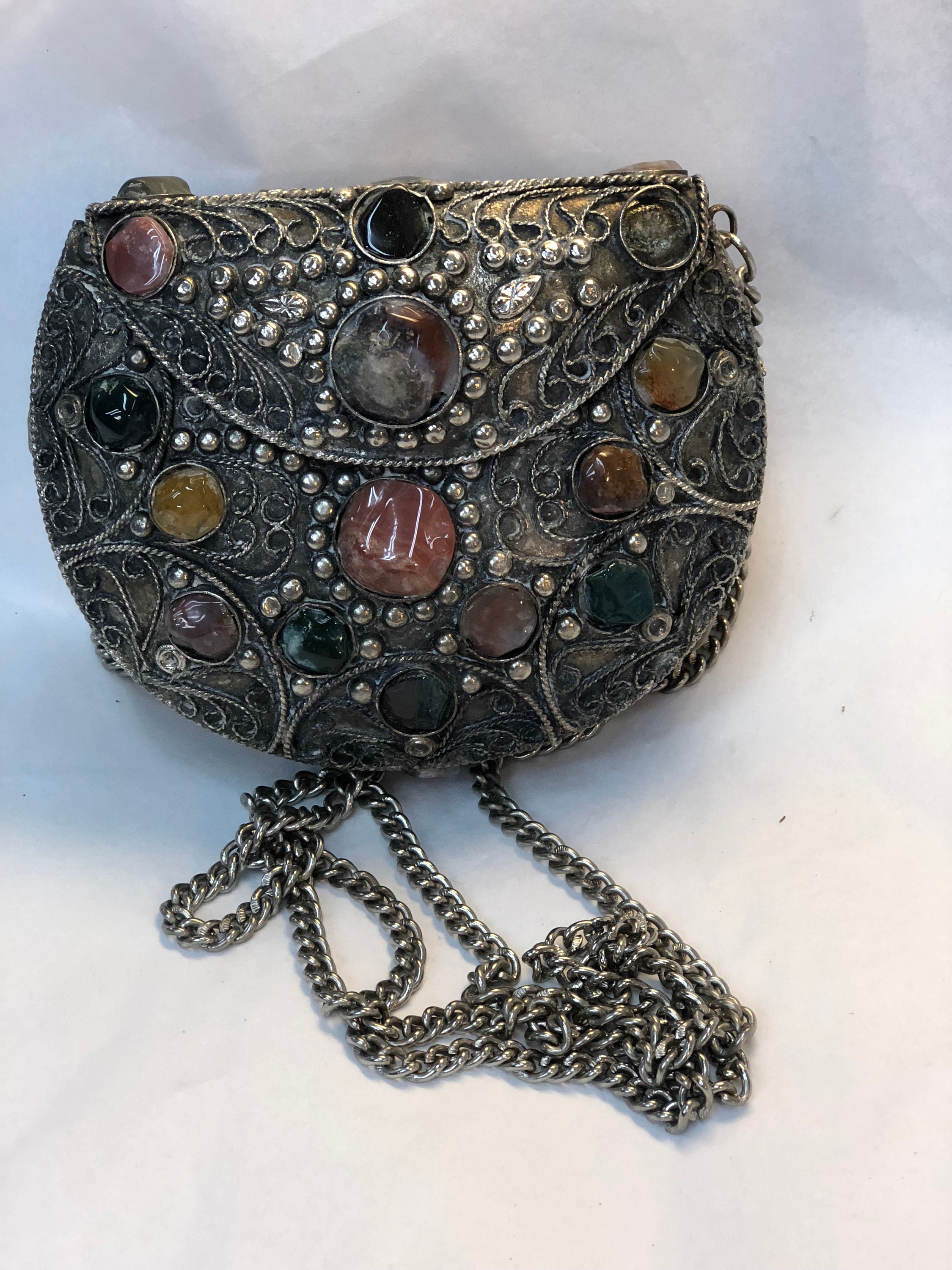 Metal Handbag Purse Hand Crafted With Stones (2 missing)