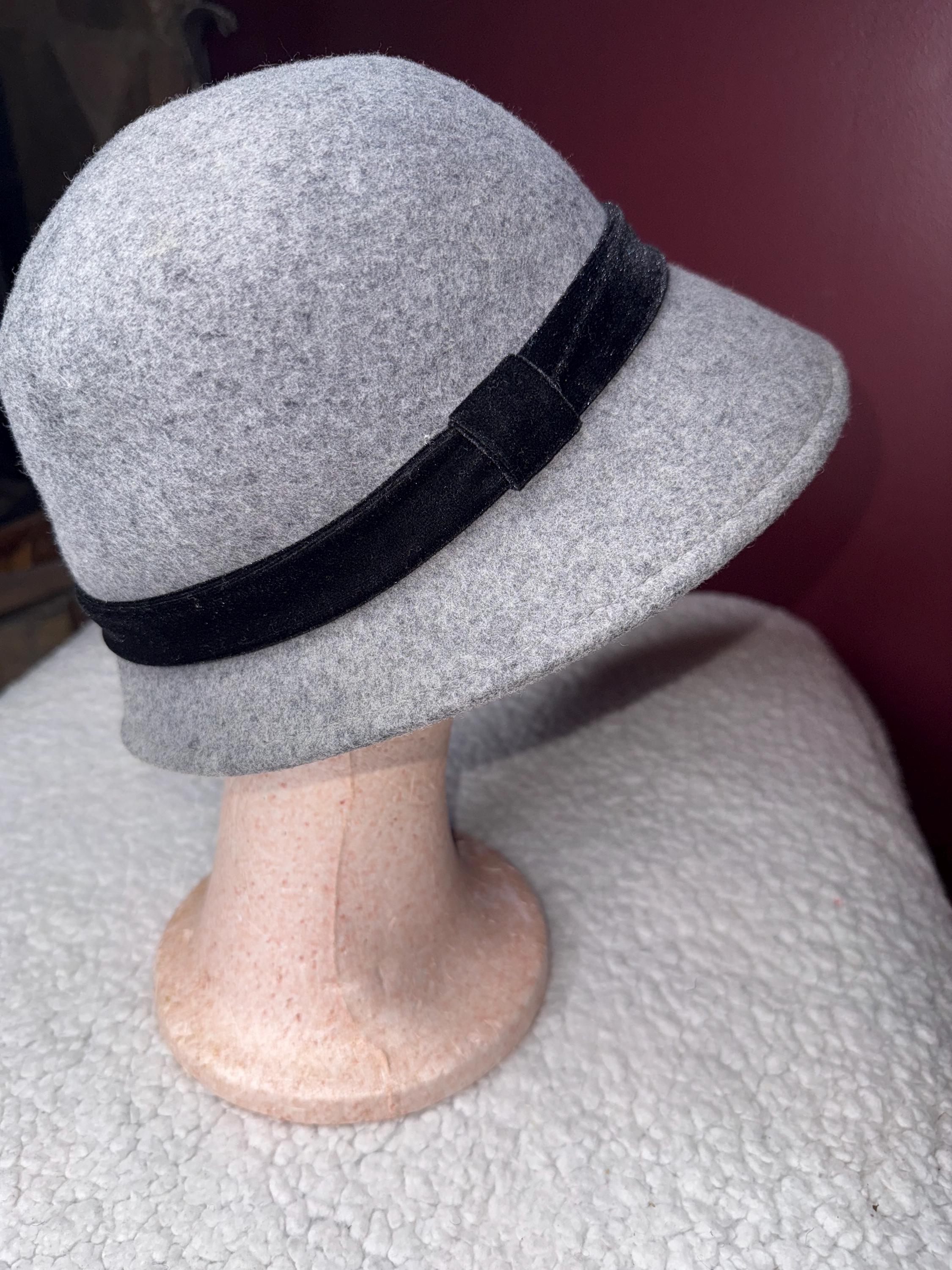 Cloche Hat Gray Wool Black Velvet Bow Retro Women