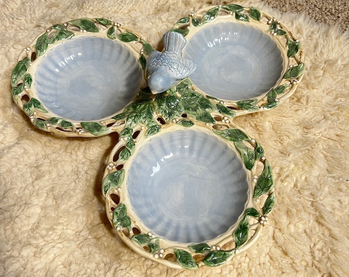 Sectioned Serving Dish, 3 Part Server Bowl, Blue Bird Garden Party