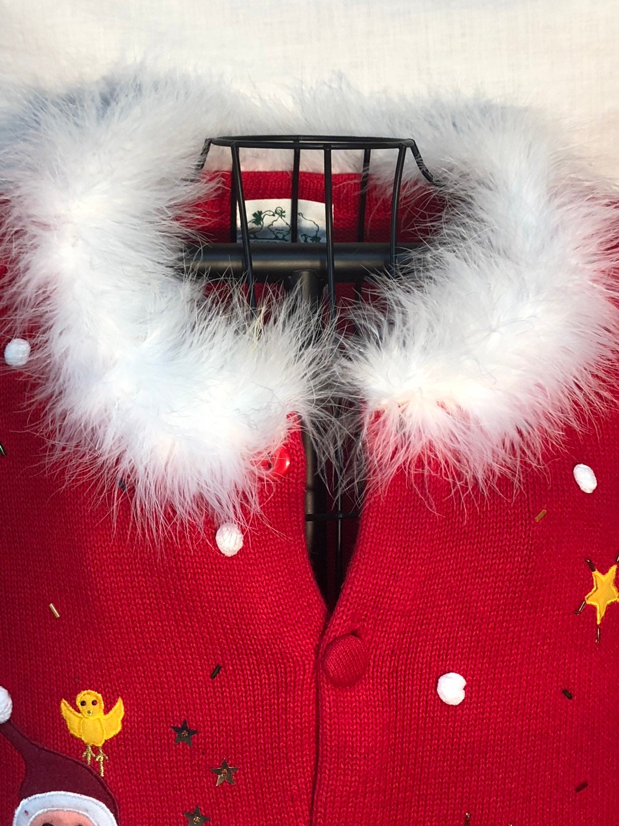 Red Christmas Sweater with White Feather Boa Collar