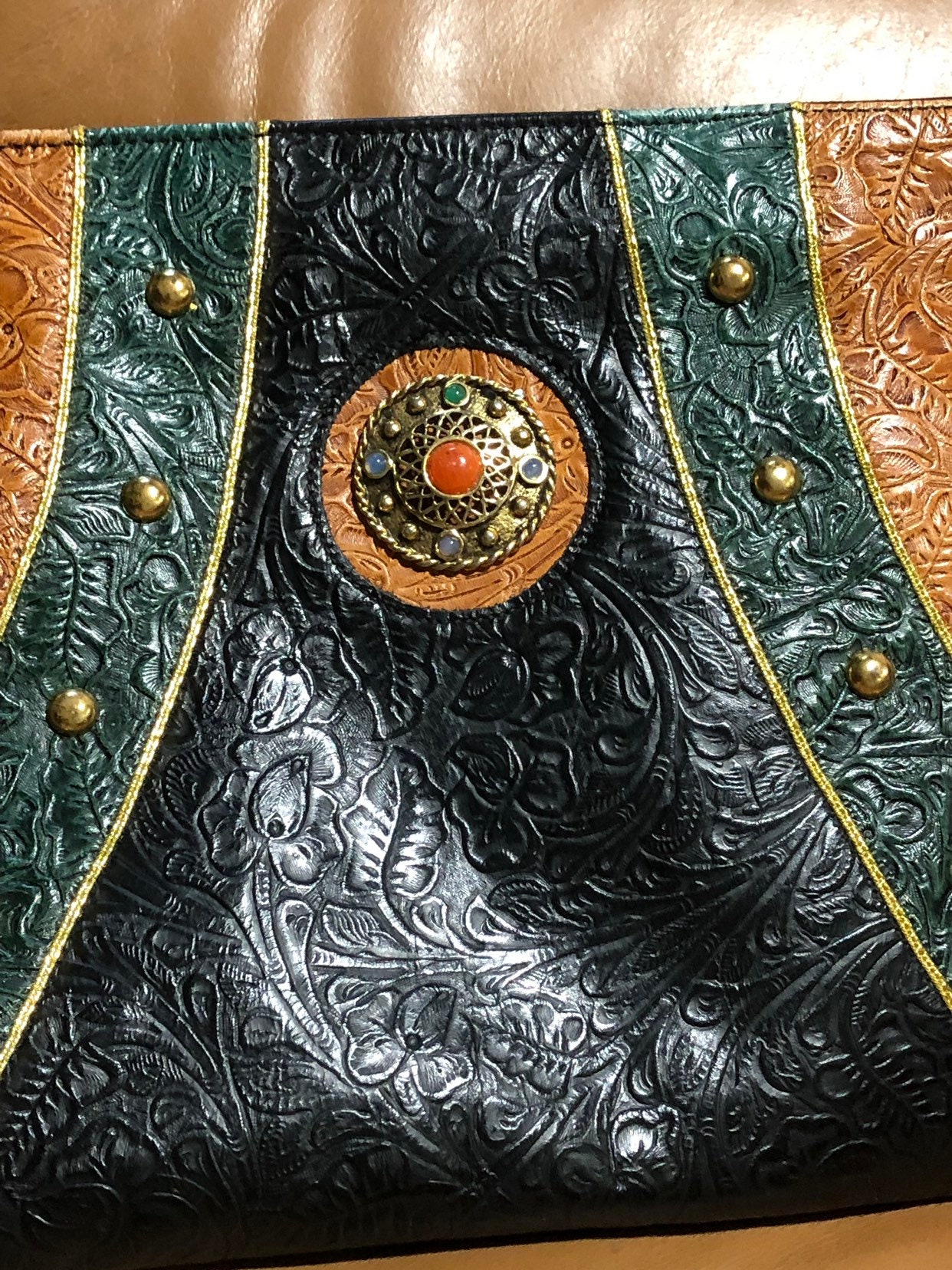 Embossed Leather Handbag Vintage Embellished Green and Brown Clutch