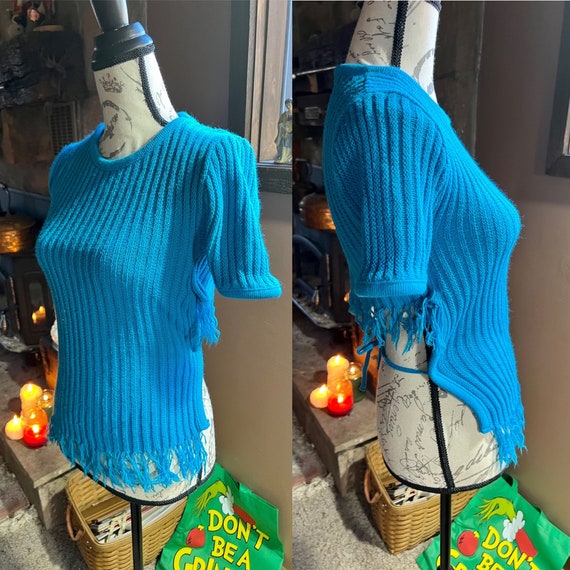 Teal Fringed Shirt, Open Tie Back Top, Summer Con… - image 10