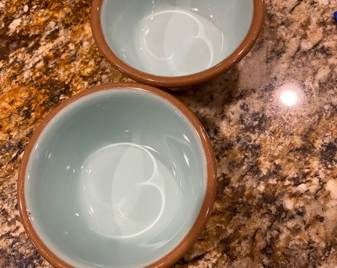 Vintage pottery bowls, small trinket dish, teal and brown ceramic