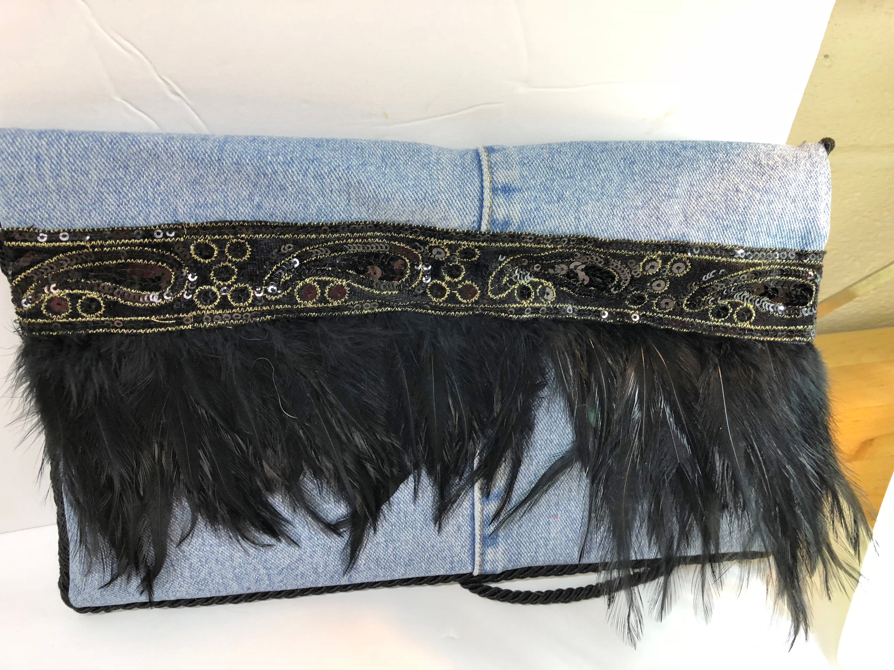 Blue Denim Jean Handbag, goth black feather bag, handmade purse