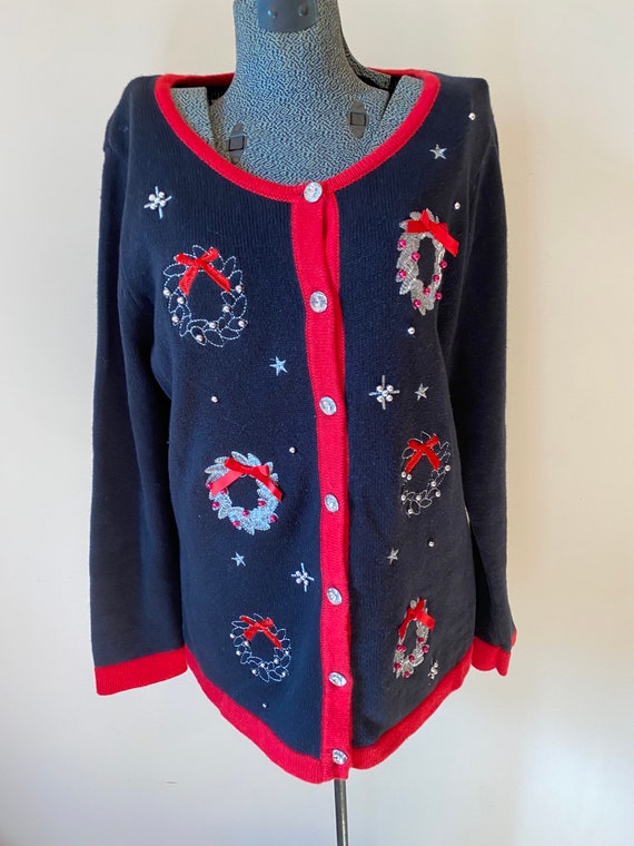 Christmas Wreath Sweater, Holiday Party Cardigan,… - image 2