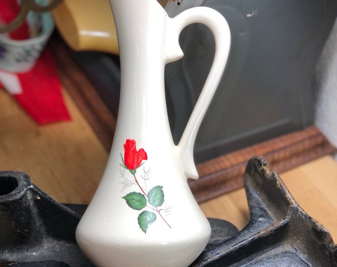 Red Rose Bud Vase, Vintage Hand Painted Pitcher Vase