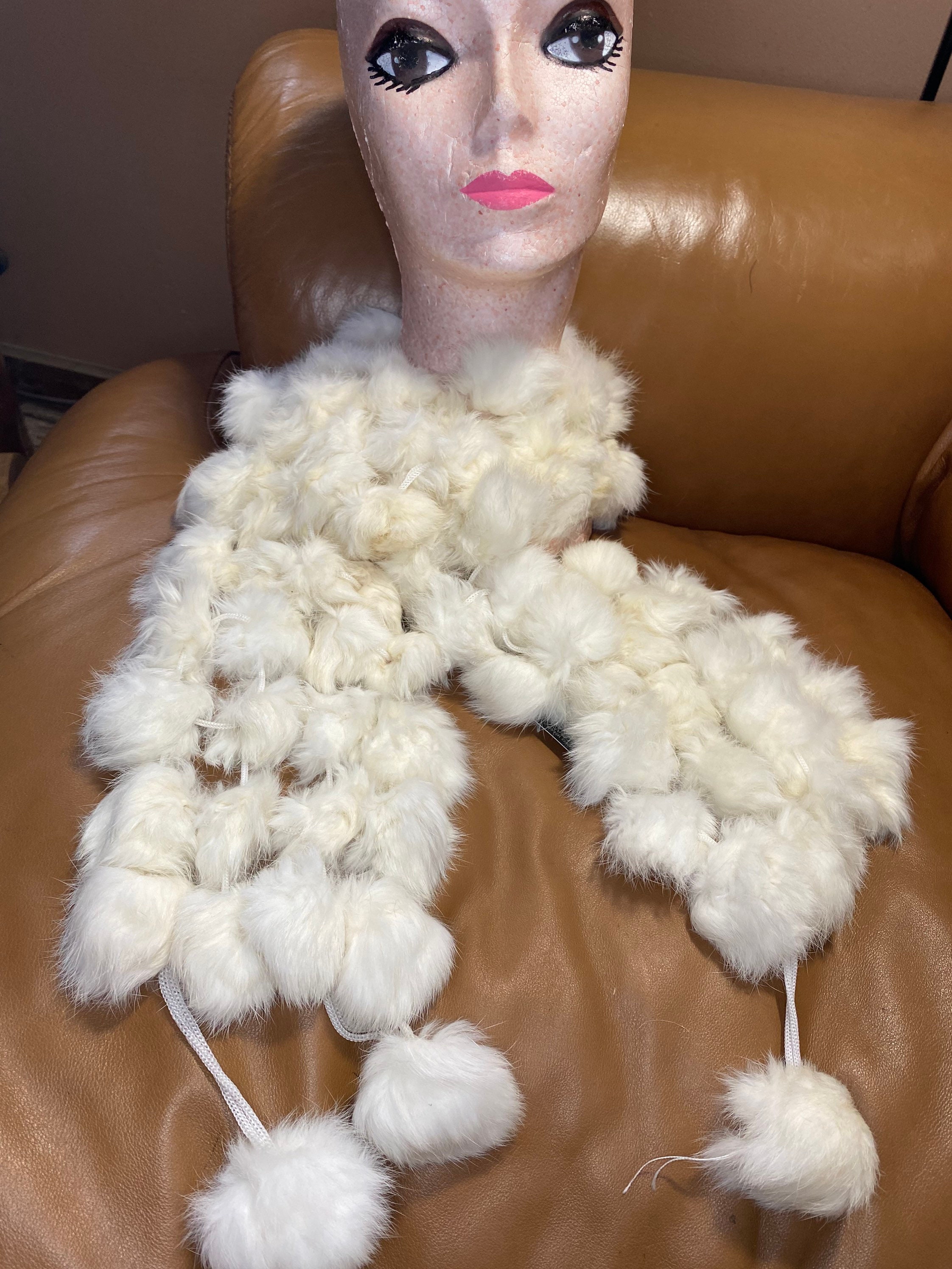 White fur Pom Pom scarf, lush long warm fluffy rabbit scarf, winter ...